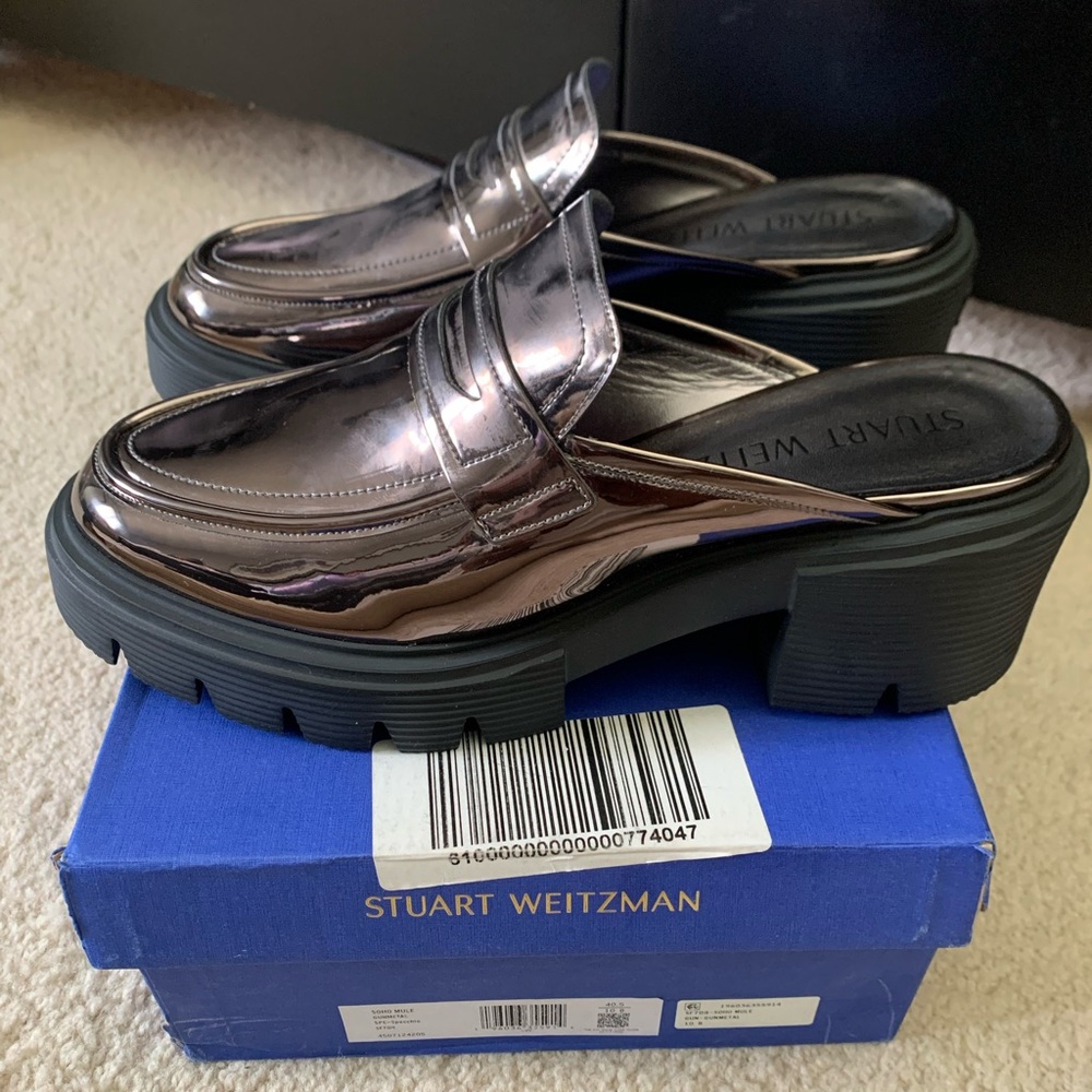Stuart Weitzman Gunmetal Soho Mules